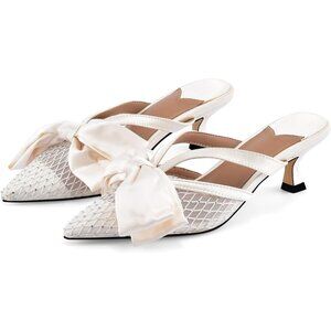 🆕Women White Faux Leather Heeled Mules Kitten Heel Pointed Toe Mesh Bow Sandals